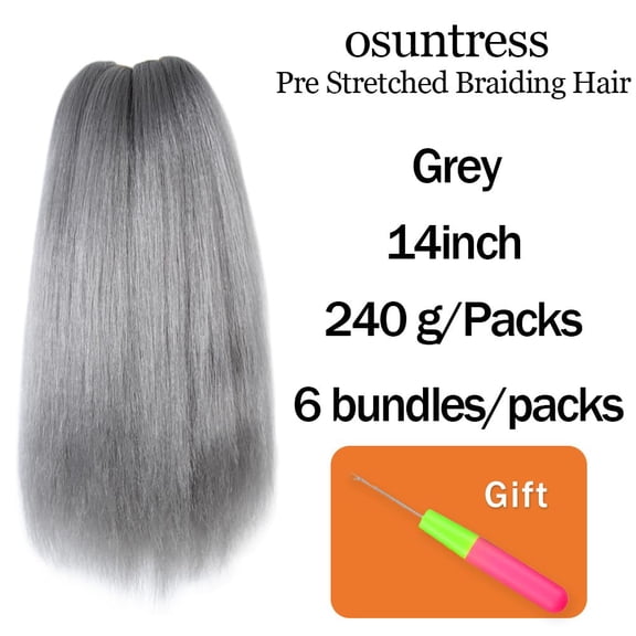 WEIF-Braiding Hair Pre Stretched 14 Inch 6 Packs, Short Hair Extensions for Braids, Synthetic Braiding Hair Prestretched Gray