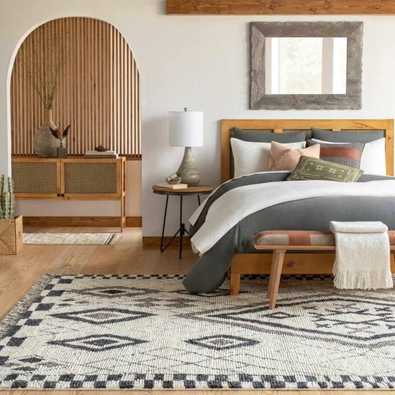 Hauteloom Minyama Wool Living Room, Bedroom Area Rug - Farmhouse - Black, Charcoal, Cream - 2' x 3'