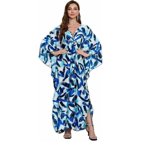 Cfcsrp Caftans for Women Plus size Orange Green Mudan Print Kaftan Dresses Swimsuit Cover up Beach Maxi Loungewear