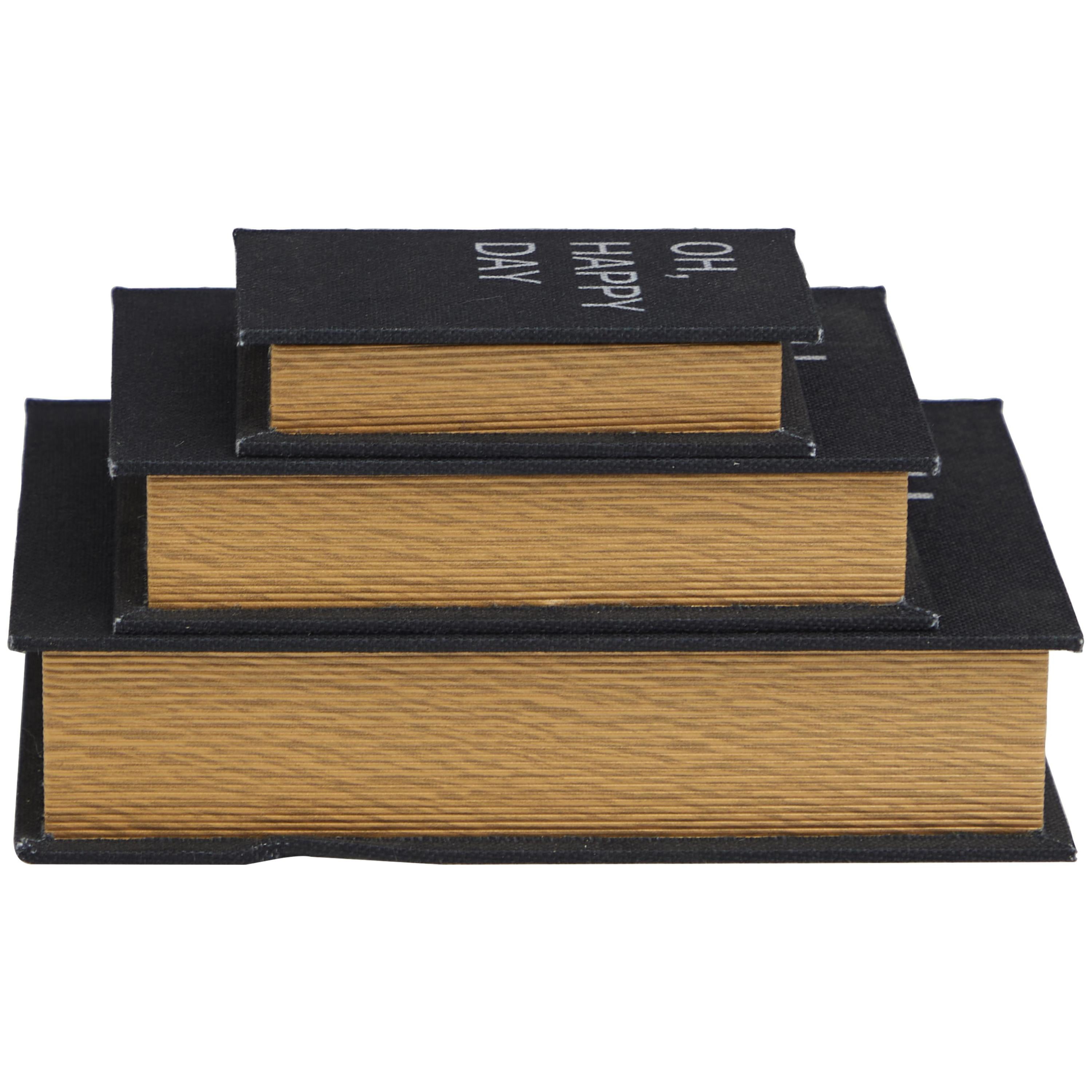 DecMode Storage Book Black Linen Fabric Decorative Box with Typography and Gold Page Inspired Detail, 3 Count
