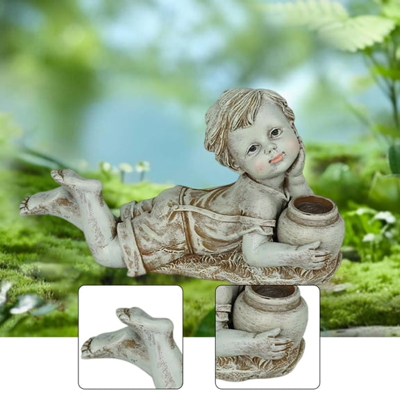 koolsoo Garden Statue with Solar Light Resin Children Statue for Office Outside Lawn Lying Down boy