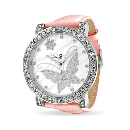 Band Pink Dial Watch - Fashion Round White Dial Cubic Zirconia CZ Pave Bezel Large Butterfly Watch For Women For Teen Pink Faux Leather Band