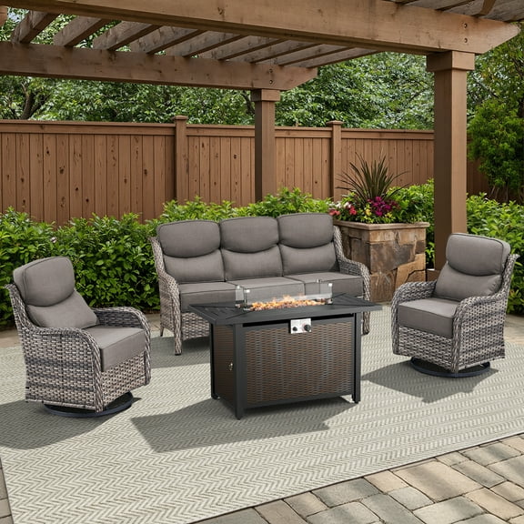 POCASSY All Weather Wicker Patio Furniture Set with Fire Pit, 6-INCH Extra Thick Cushion 4 Pieces Modural Outdoor Sofa Set with Swivel Glider Chair, Ottoman, and 43" Fire Pit Table, Gray/Gray