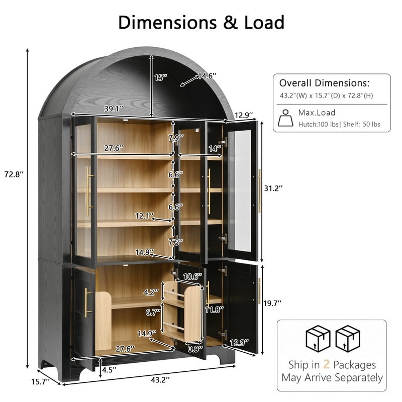 Arched Kitchen Pantry Cabinet with Glass Doors, Farmhouse Tall Storage Cabinet with Adjustable Shelves, Door Storage Racks & Open Display Shelves, Wooden Cupboard for Kitchen, Dining Room