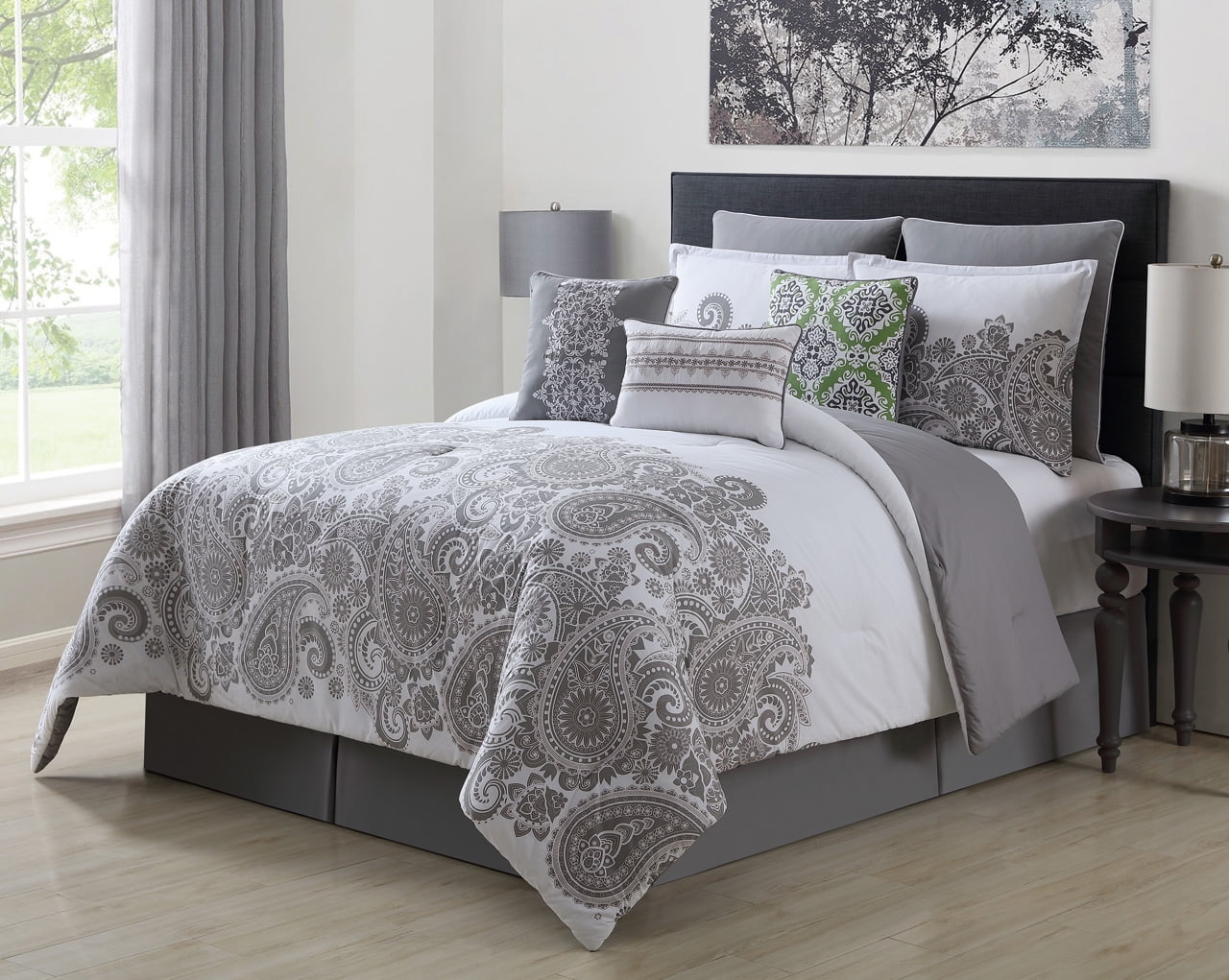 9 Piece Mona Gray White 100 Cotton Comforter Set Walmart Com