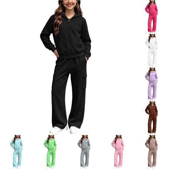 XAOFW Girl Outfits Long Sleeve Solid Color Zip Up Hoodies Sweatpants Kids Girls Fall Winter Cozy Tracksuit Sets 5-6 Years