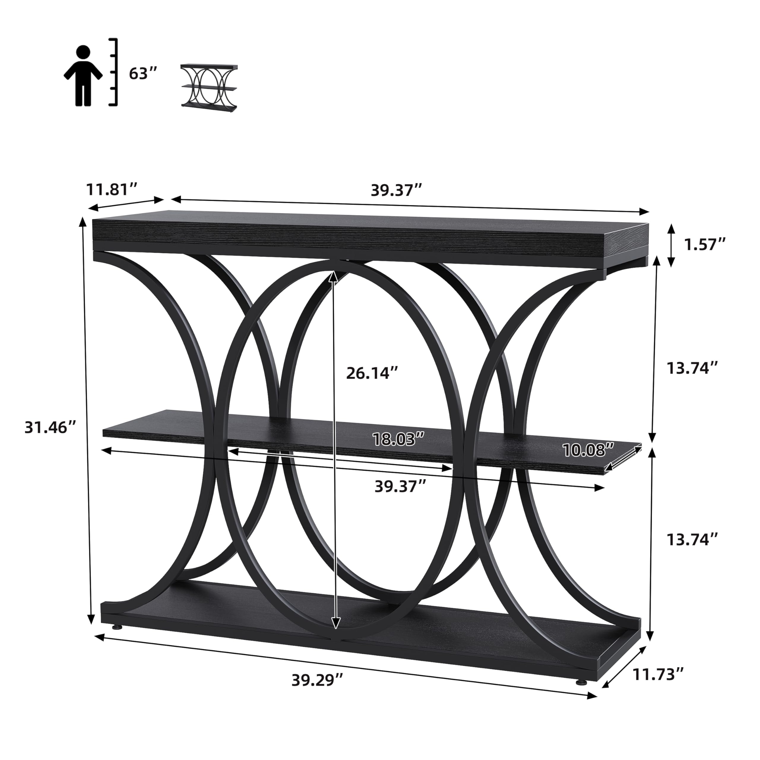 Huisuilinss Console Table,39" Narrow Entryway Table,Industrial 3-Tier Sofa Table With Round Metal Base And Storage Shelves,Wood Behind Couch Table For Living Room Hallway Foyer