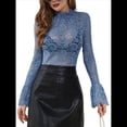 thumbnail image 1 of Blusa Elegante de Encaje Calado con Mangas Acampanadas para Mujer, para Fiesta, Moda 2025 Azul S, 1 of 7