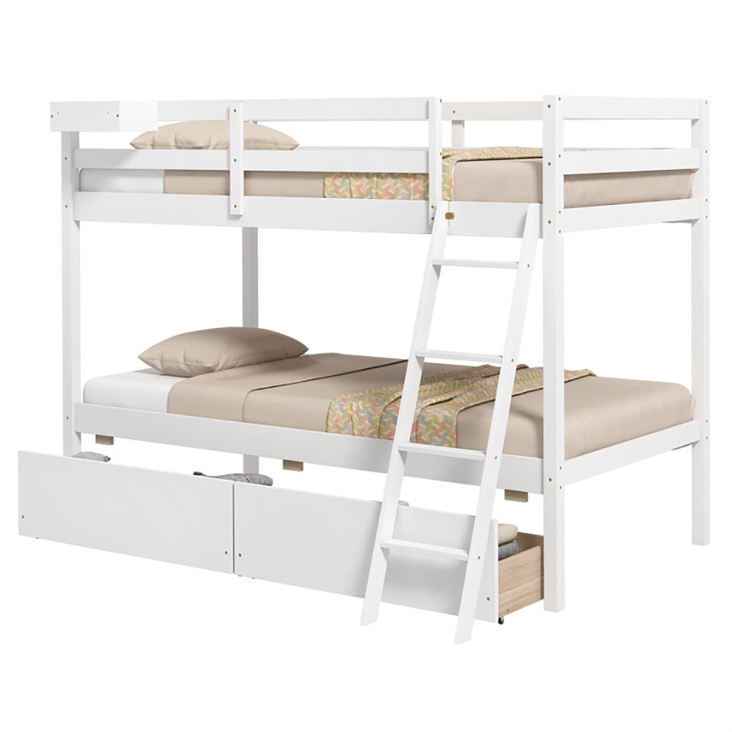 Demi Bonn Twin Over Twin Bunk Bed with 2 Storage Drawers and Ladder, Twin Bunk Beds, Wood Bed Frame No Box Spring Needed, White