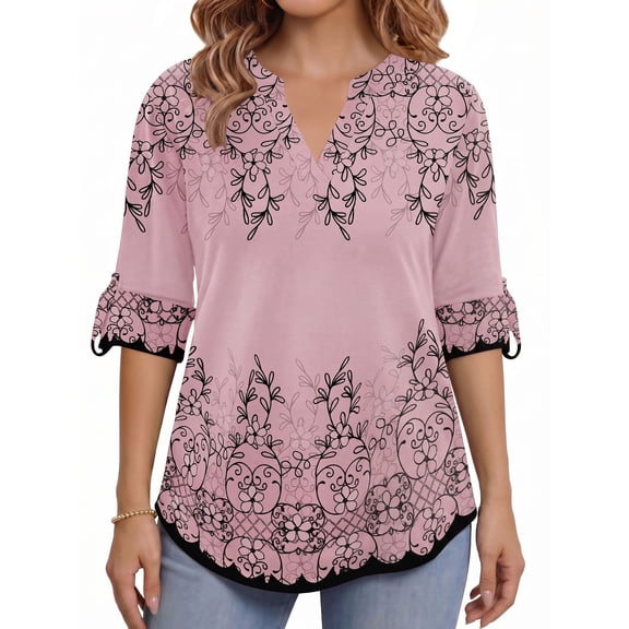 Weardear Womens Plus Size Tops V Neck Roll Up Shirts Long Sleeve Tunic Tops