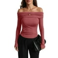 thumbnail image 3 of Women'S Off Shoulder Tops Dressy Casual Slim Fit Long Sleeves Spring Fall Blouse Going Out Shirt Rouge M, 3 of 8
