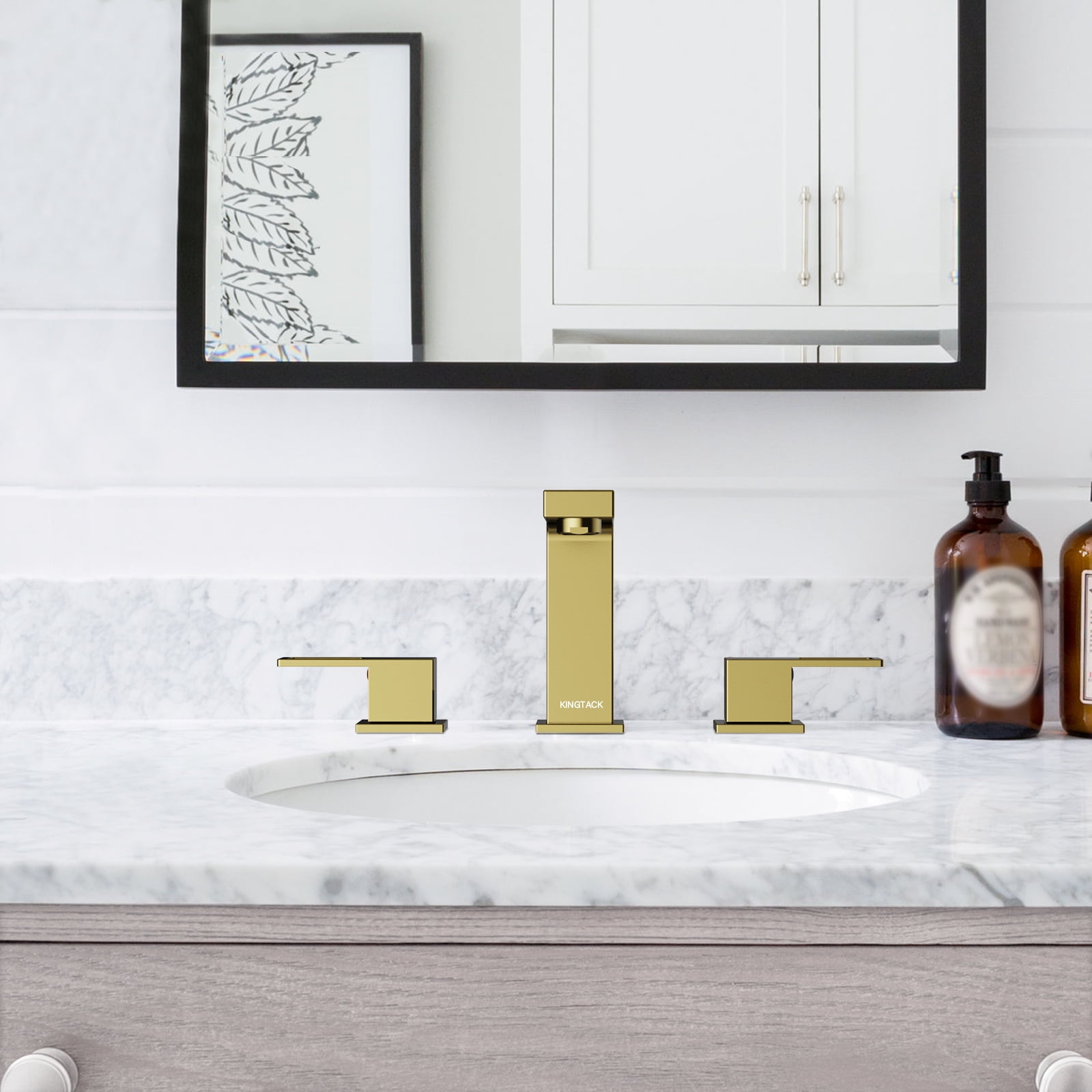 KINGTACK Bathroom Faucet for Sink 3 Hole, 8 inch Brushed Gold Bathroom Faucet with Pop Up Drain, 2 Handle Vanity Faucet with Water Supply Hoses