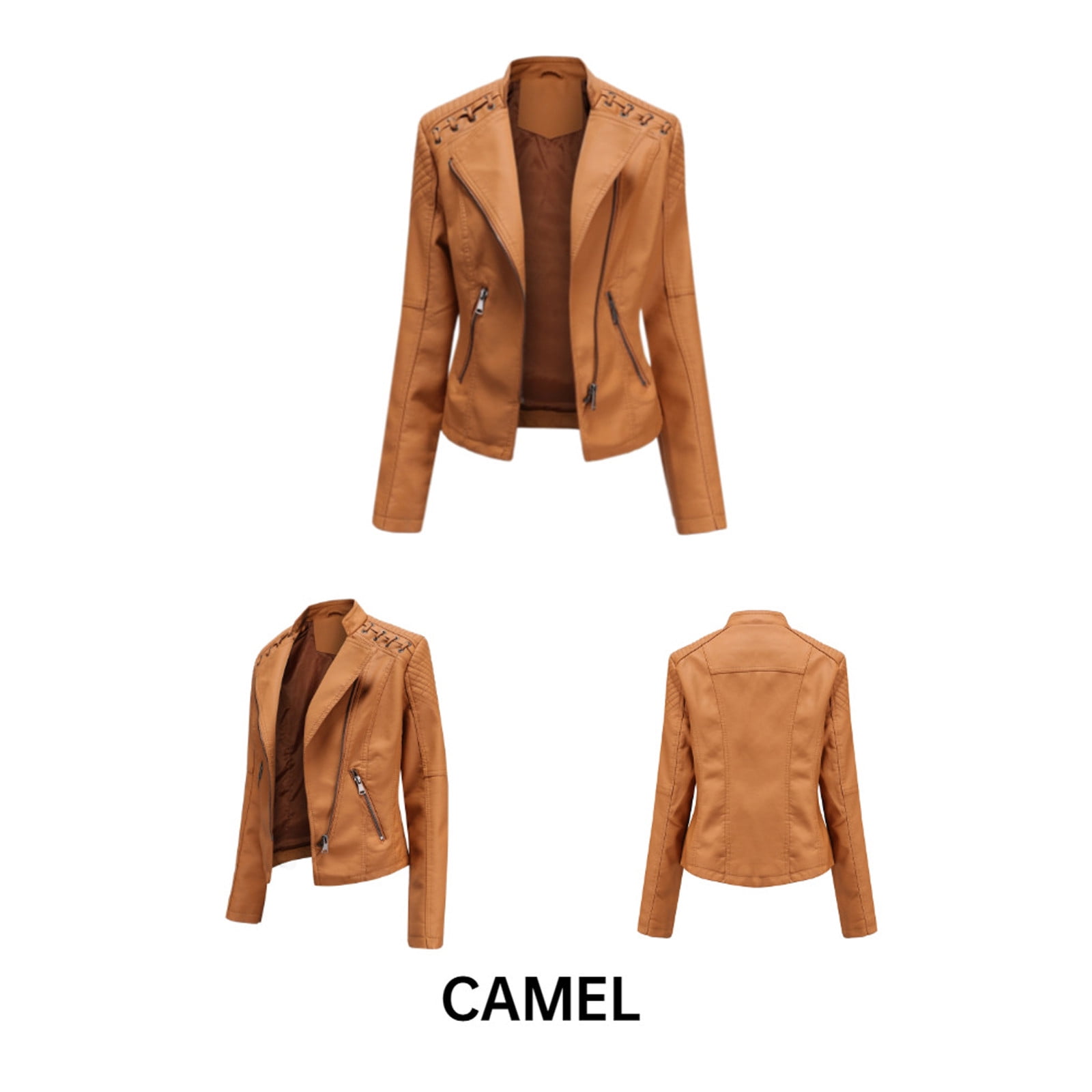 QATAINLAV Women's Faux Leather Moto Jacket Casual Short Solid Color Biker Coat Fall Winter Long Sleeve Zip Up Jackets with Pockets Brown XL