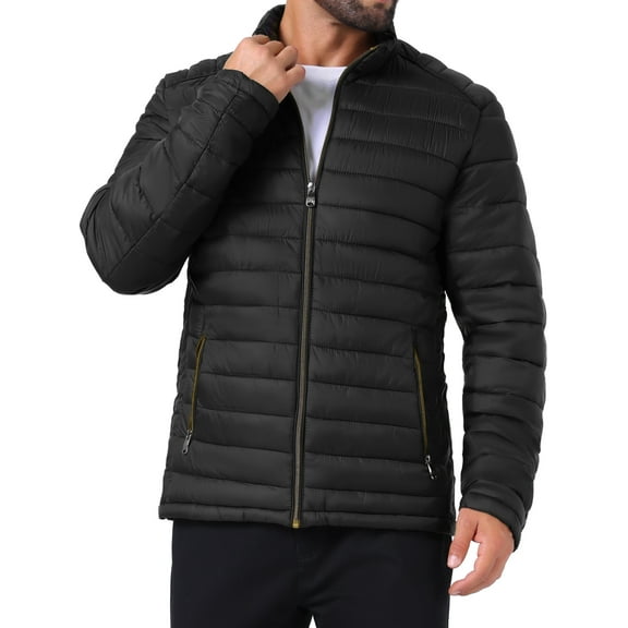 INSPIRE CHIC Men's Winter Solid Color Stand Collar Zipper Quilted Puffer Jacket S Black