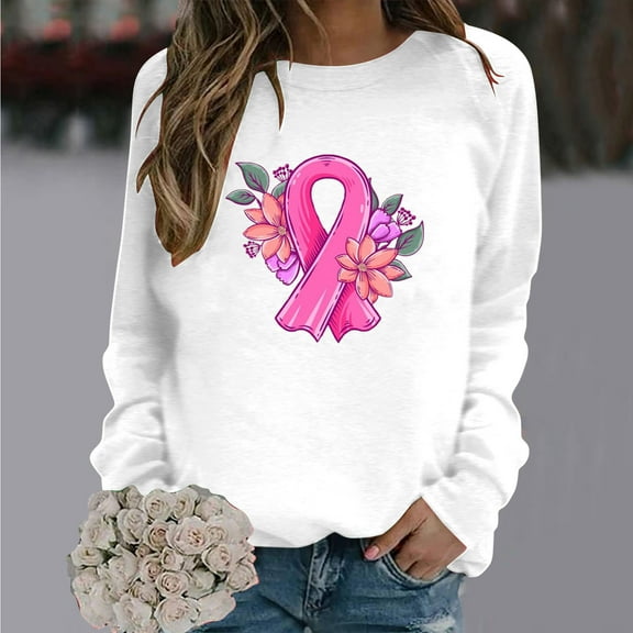 Luxalzxs Womens Breast Cancer Shirts Pink Ribbon Cancer Fight Awareness Shirt Pullover Tops Survivors Faith Casual Long Sleeve Crew Neck Sweatshirt