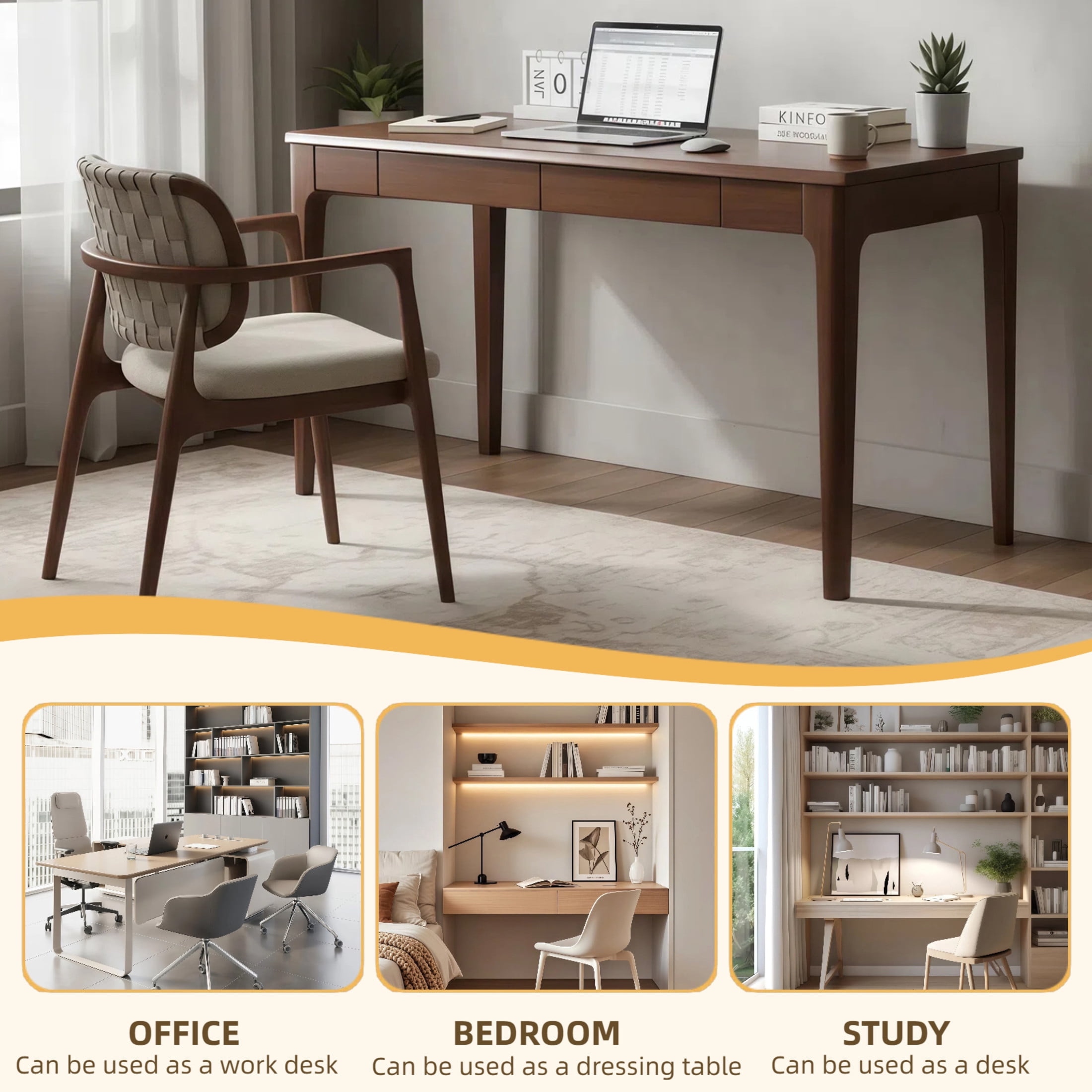 Noble House Solid Wood Desk with Drawers, Mid-Century Home Office Study Table, Working for Small Spaces, Walnut
