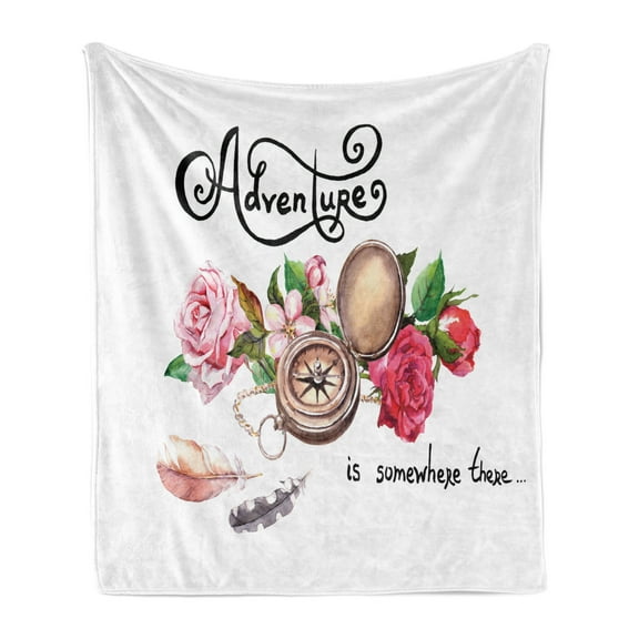 Adventure Soft Flannel Fleece Blanket, Vintage Compass Flowers Retro Feathers Travel Words Concept in Watercolor Style, Cozy Plush for Indoor and Outdoor Use, 70" x 90", Multicolor, by Ambesonne
