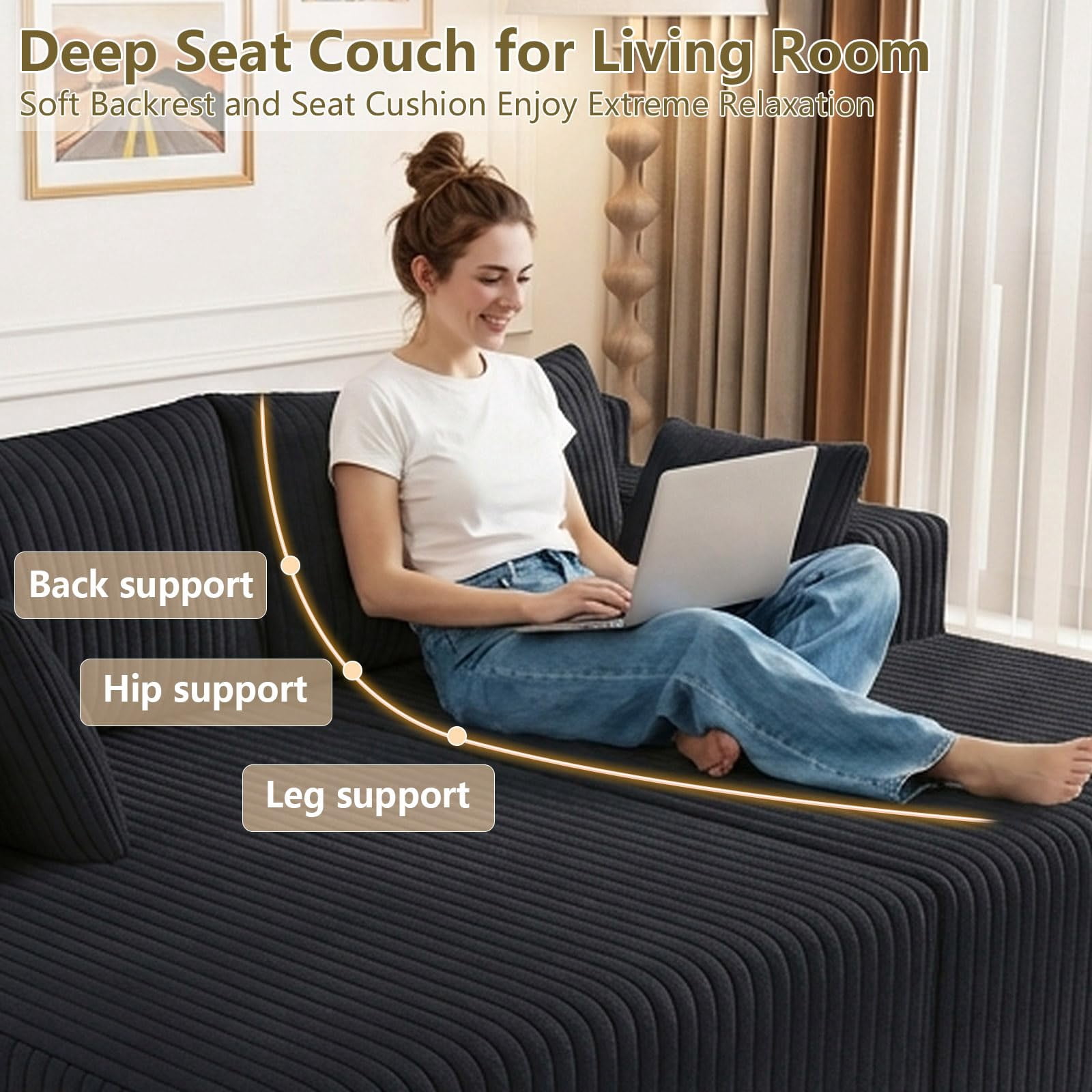 Aukfa 71" Oversized Double Chaise Lounge Indoor, Modular Boneless Cloud Couch Sleeper Loveseat, Deep Seat Corduroy Sofa Bed, No Assembly Required for Living Room Bedroom, Black