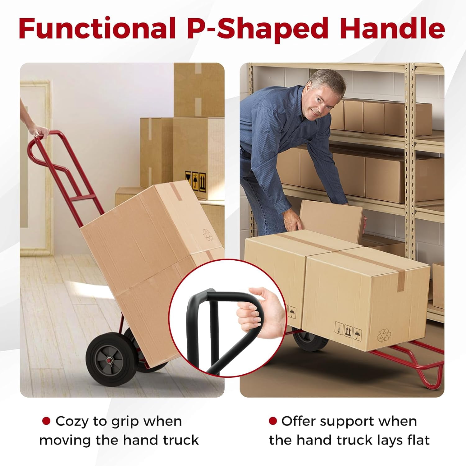 Fusion Hand Truck, P-Handle Hand Truck Dolly w/Vertical Loop Handle, 10” Rubber Wheels, 15”x8” Foldable Nose Plate, 660LBS Capacity, Heavy Duty Metal Dolly Cart for Lifting, Stairs (Red)