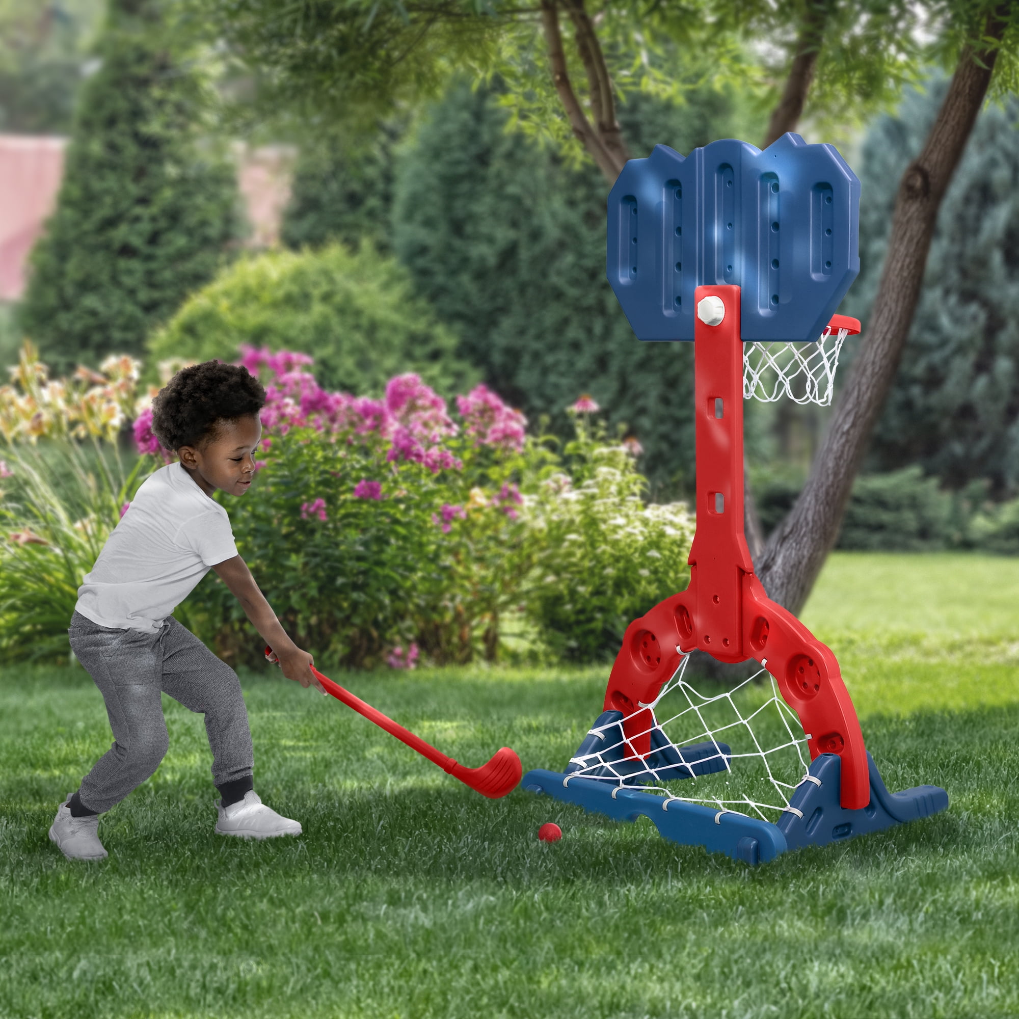 Spider-Man 4-in-1 Sports Center – Adjustable Basketball Hoop, Soccer/Hockey Net & Golf Game, Red