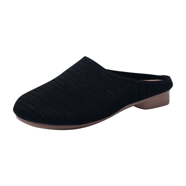 Black Women'S Breathable Knitted Slippers Easy To Wear Low Heel Support Rounded Toe For Relaxing At Home