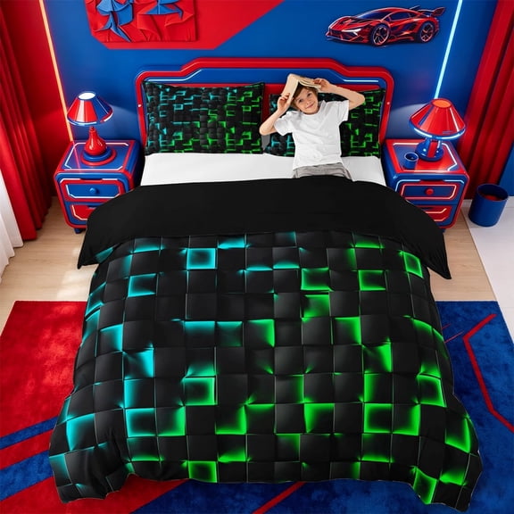 meiyoeat Classic Geometric Checkered Bedding For Kids,Gradient Neon Blue Green Duvet Cover Full For Boys,Black Reversible,3-Piece(No Comforter)