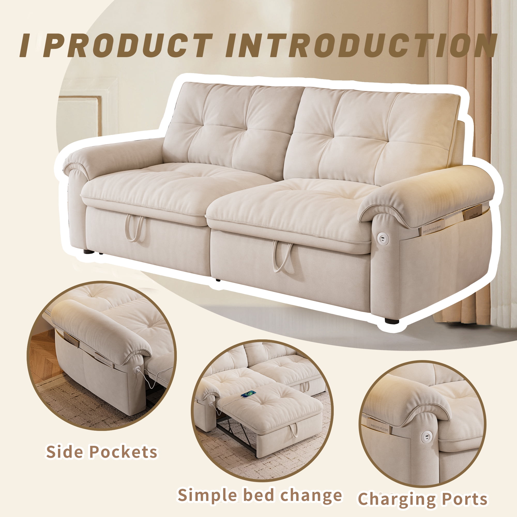 LLappuil 77" Pull Out Sofa Bed Queen Size, Loveseat Sofa Convertible Sleeper Sofa Bed, Flannelette Fabric Sofa Couch for Living Room Beige