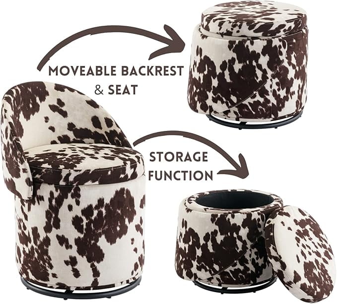 Guyou Modern Round Swivel Vanity Storage Stool, Velvet Upholstered Ottoman with Foldable Backrest and Removable Lid, 360° Swivel Barrel Club Chair, Comfy Makeup Stool for Bedroom Living Room, Cow