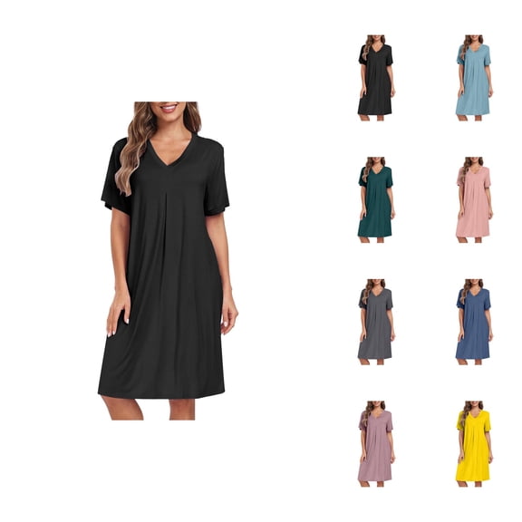 Nightgowns for Women Summer Lightweight Loose Fit Short Sleeve V Neck Sleep Shirts Pajama Dress Sleepwear