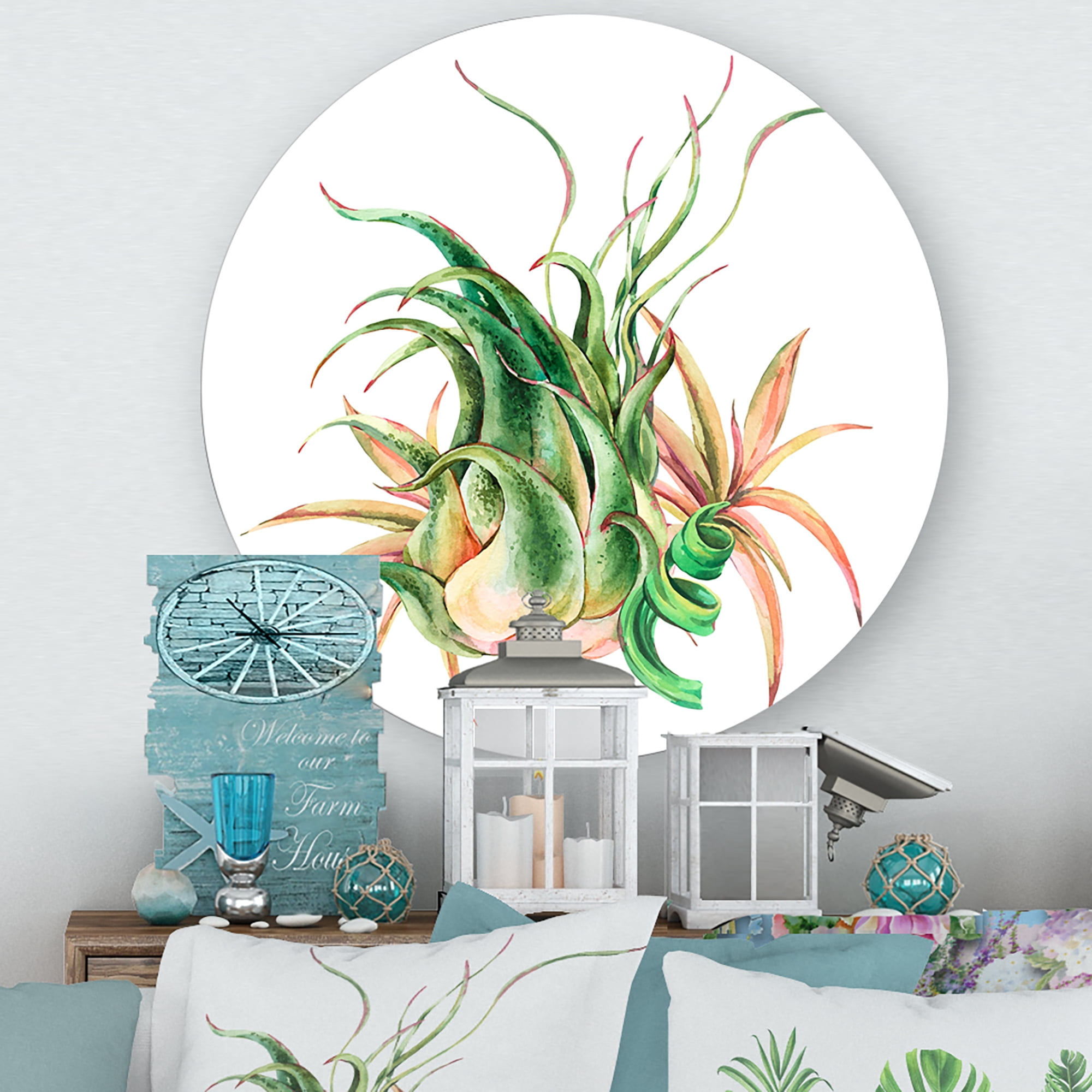 Designart 'Tropical Leaves Air Plant Succulent On White' Farmhouse Circle Metal Wall Art 11x11 - Disc of 11