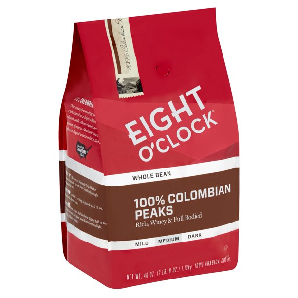 Eight O'Clock 100 Colombian Peaks Medium Whole Bean Coffee, 40 oz