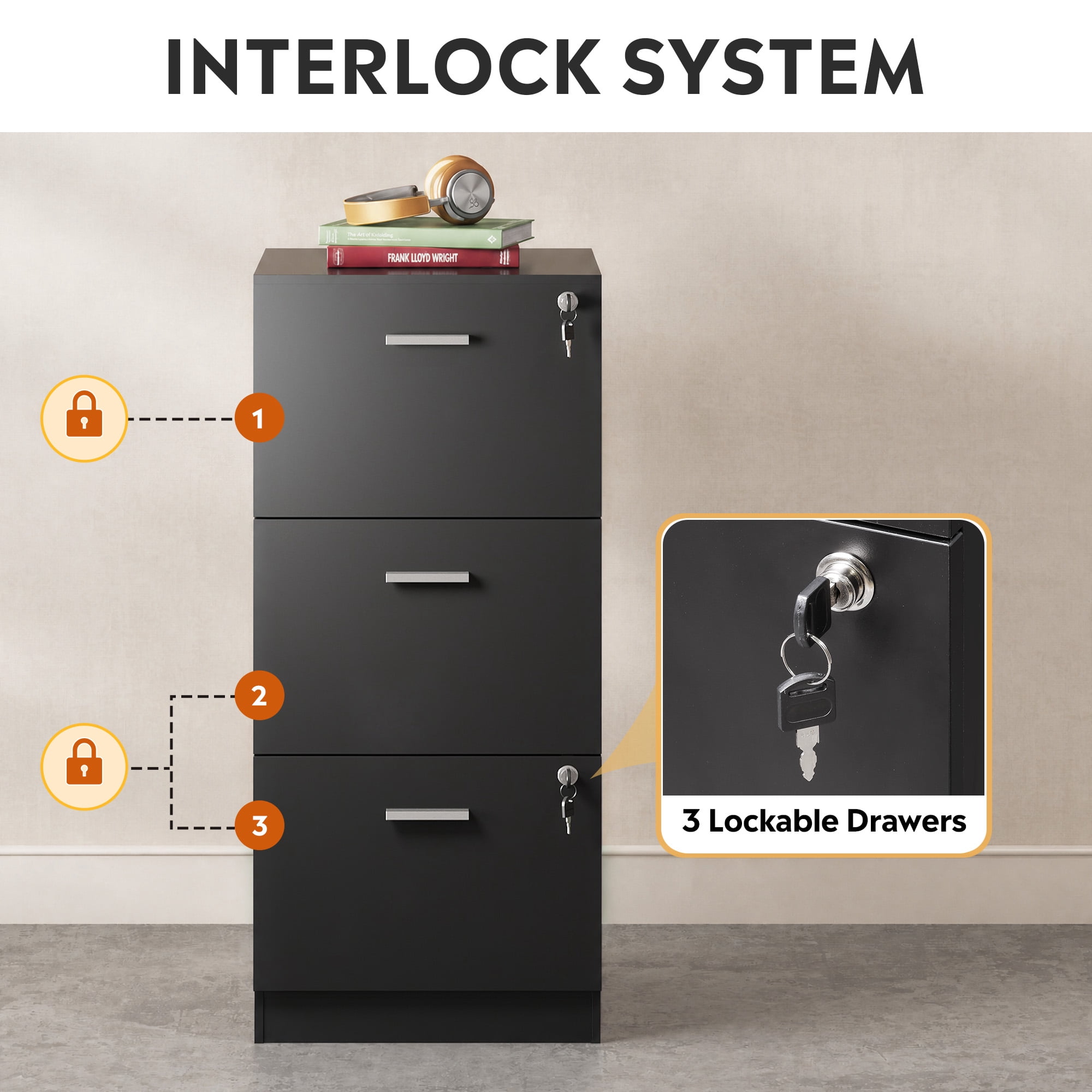 GALAXHERO 3 Drawers File Cabinets, Wood Vertical Filing Cabinet with Lock for Home Office, Letter/A4 Size, Black