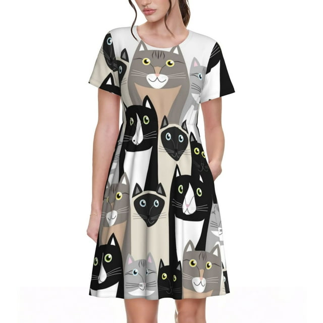 Saiise Robes d'Été Motif Chats pour Femmes T-Shirt Décontracté Manches Courtes Robe de Plage Florale avec Poches