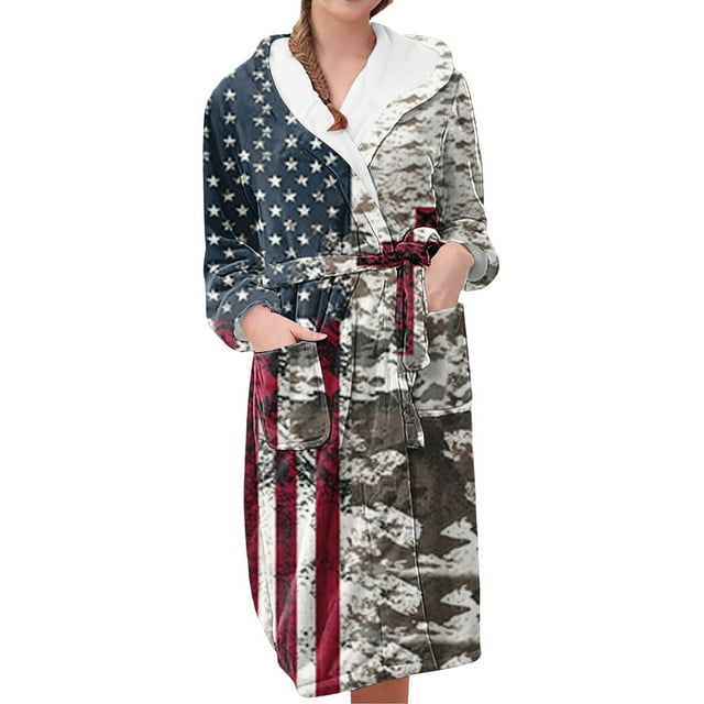 Women's Fleece Plush Robe Long Warm Plush Bathrobe Loungewear Jacket Printed Comfort Robe