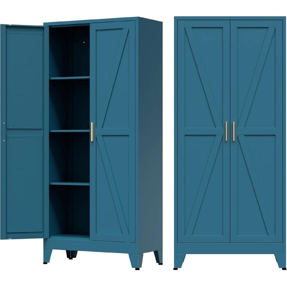 Home Farmhouse Storage Cabinet with 2 Barn Door, Tall Kitchen Pantry Cupboard with 3 Adjustable Shelves, for Dining Room, Bathroom, Living Room (Blue Green, 61" Farmhouse)