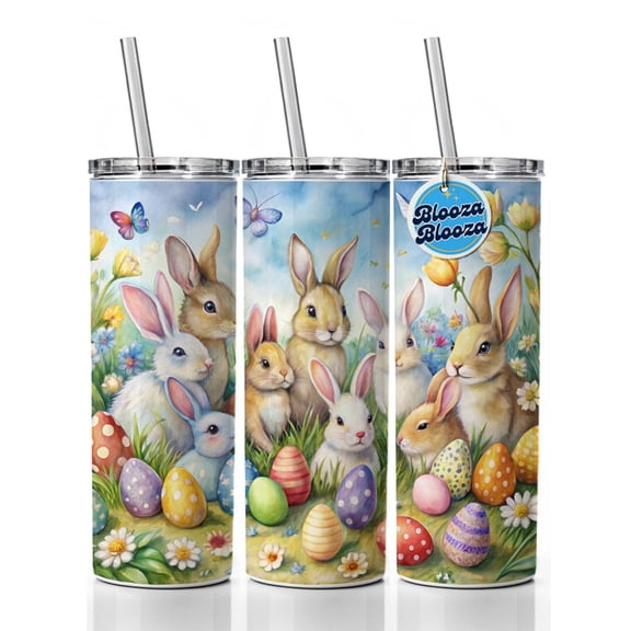 Easter Bunnies Watercolor 20oz Insulated Water Bottle Skinny Tumbler Includes Straw