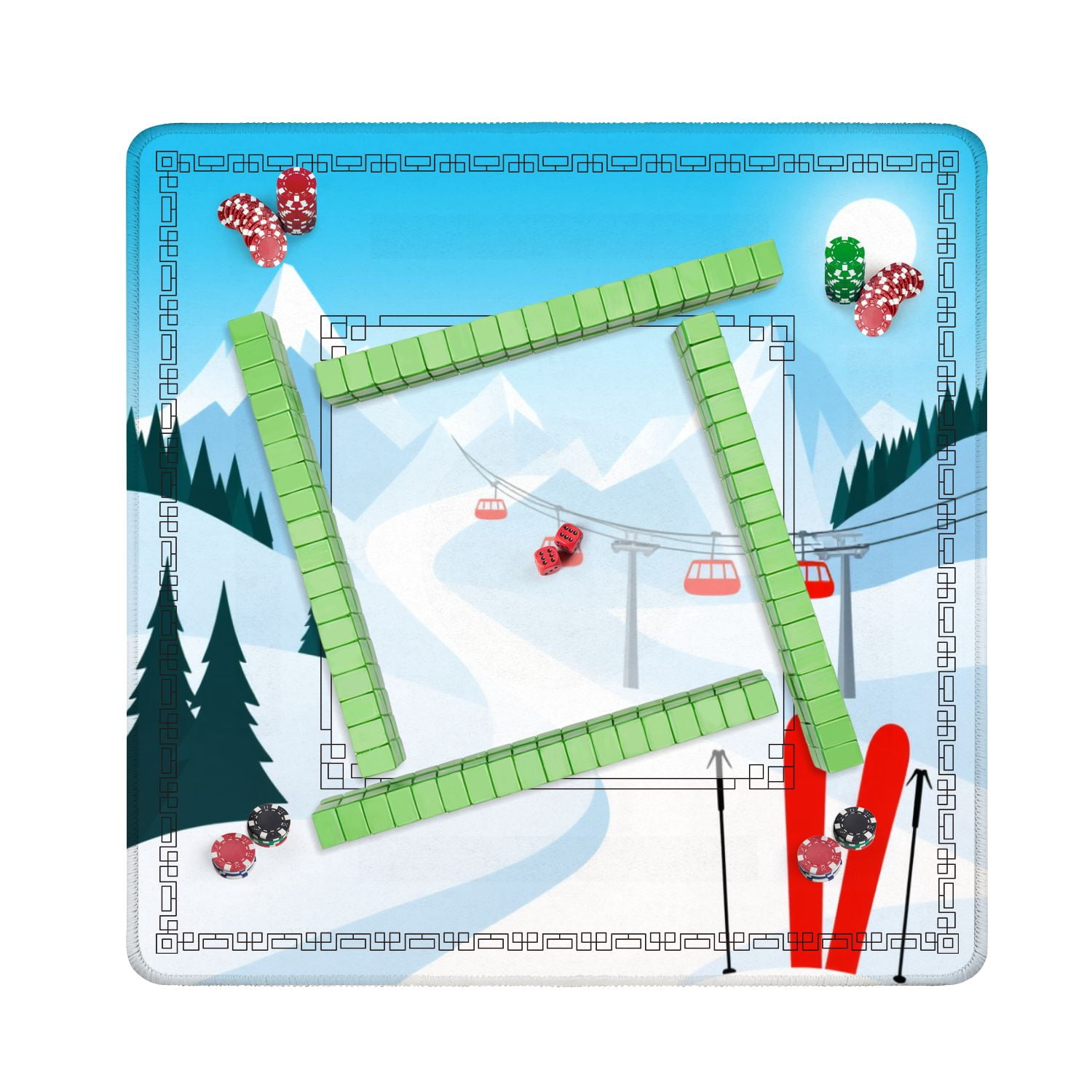 Mahjong Mat 31.5" x 31.5" Winter mountain landscape pair skis snow ski lift Non-Slip Noise Reduction American Mahjong Tiles Table Cover for Dominoes Poker Card Board Games Gift