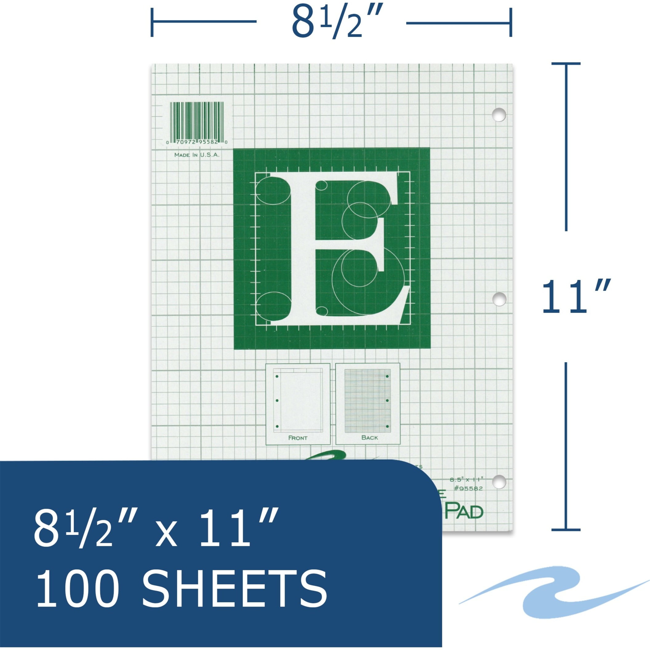 Roaring Spring Engineering Pad, 24-Pack, 8.5" x 11", 100 Sheets 15# Green Paper, 5x5 Printed Back Gird-to-Edge, Top Glued, 3-Hole Punched, Proudly Made in USA, Heavy Backing Board