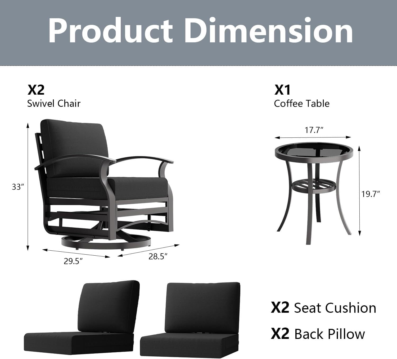 ASJMR 3PCS Outdoor Aluminum Swivel Rocking Chairs, 2-Person Patio Furniture Conversation Set with Coffee Table and Cushions, Black
