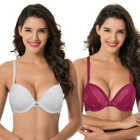 

Curve Muse Women Plus Size Underwire Add 1 and a Half Cup Push Up Lace Mesh Bra-2PK-White Fushia-40DDD