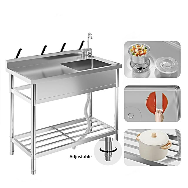 GloryStar Évier Utilitaire à Bol Simple de Qualité Commerciale 47x20 Pouces, Acier Inoxydable, Comprend un Robinet Pivotant à 360° et un Support de Rangement