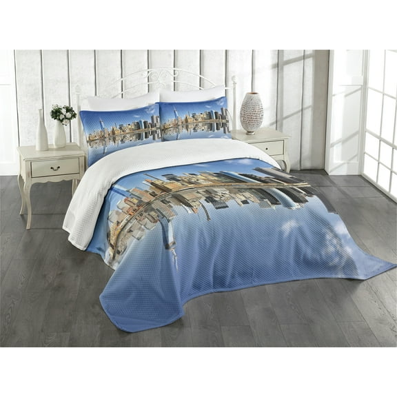 Ambesonne New York Quilted Bedspread Set 3 Pcs, Manhattan Buildings, King Size, Multicolor