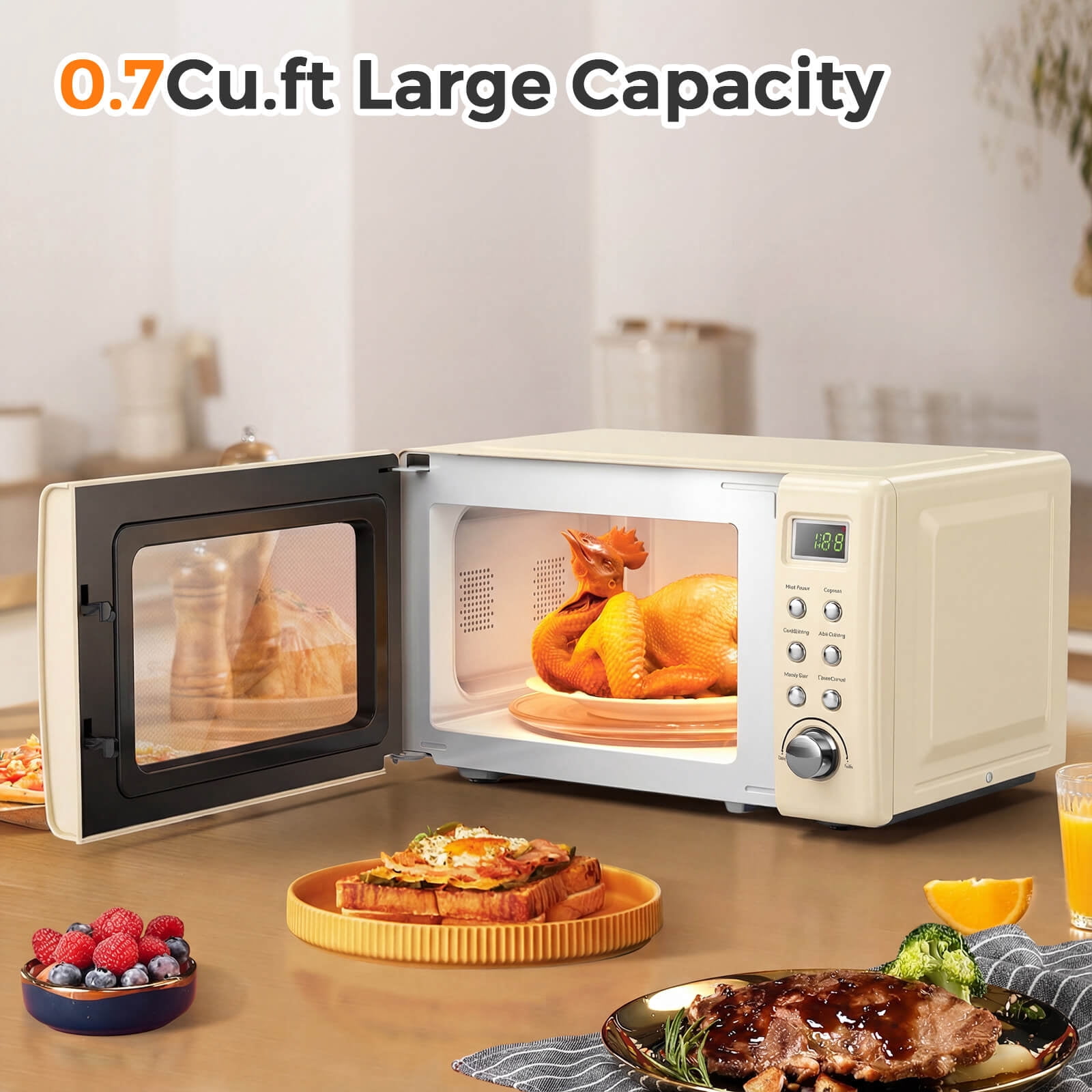 Costway 0.7 Cu.ft Retro Countertop Microwave Oven 700W LED Display Glass Turntable Off-White