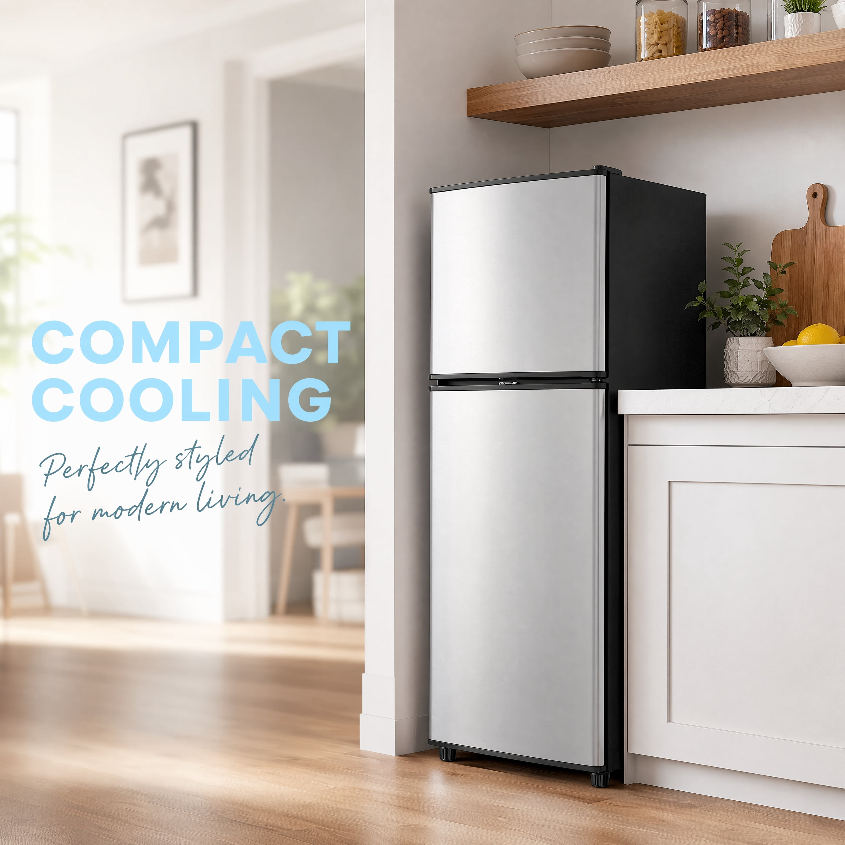 3.5 Cu.Ft Compact Mini Refrigerator with Freezer 2‑Door Small Fridge 16.69"W x17.52"D x34.18"H ABS&Steel Construction Adjustable Thermostat Removable Glass Shelves for Dorm Apartment Office Bar