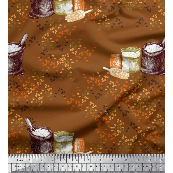 Soimoi Brown Cotton Voile Fabric Foodgrain Bags Kitchen Print Fabric by the Yard 42 Inch Wide