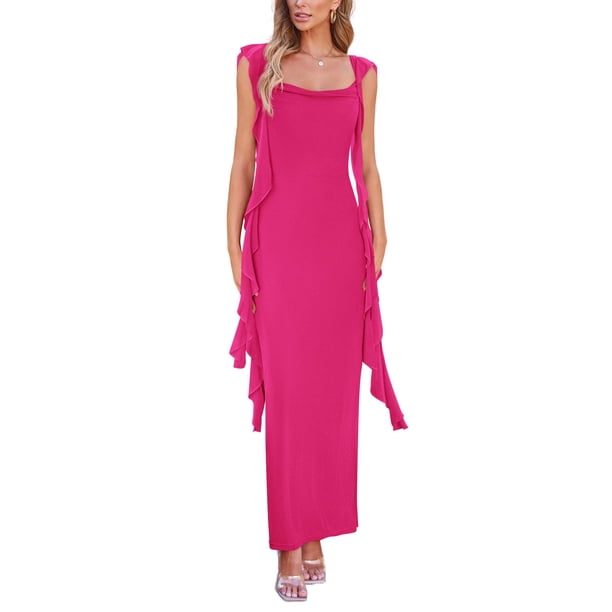 Vestido PRETTYGARDEN 2025 Maxi sin mangas con volantes en rojo rosa Talla L