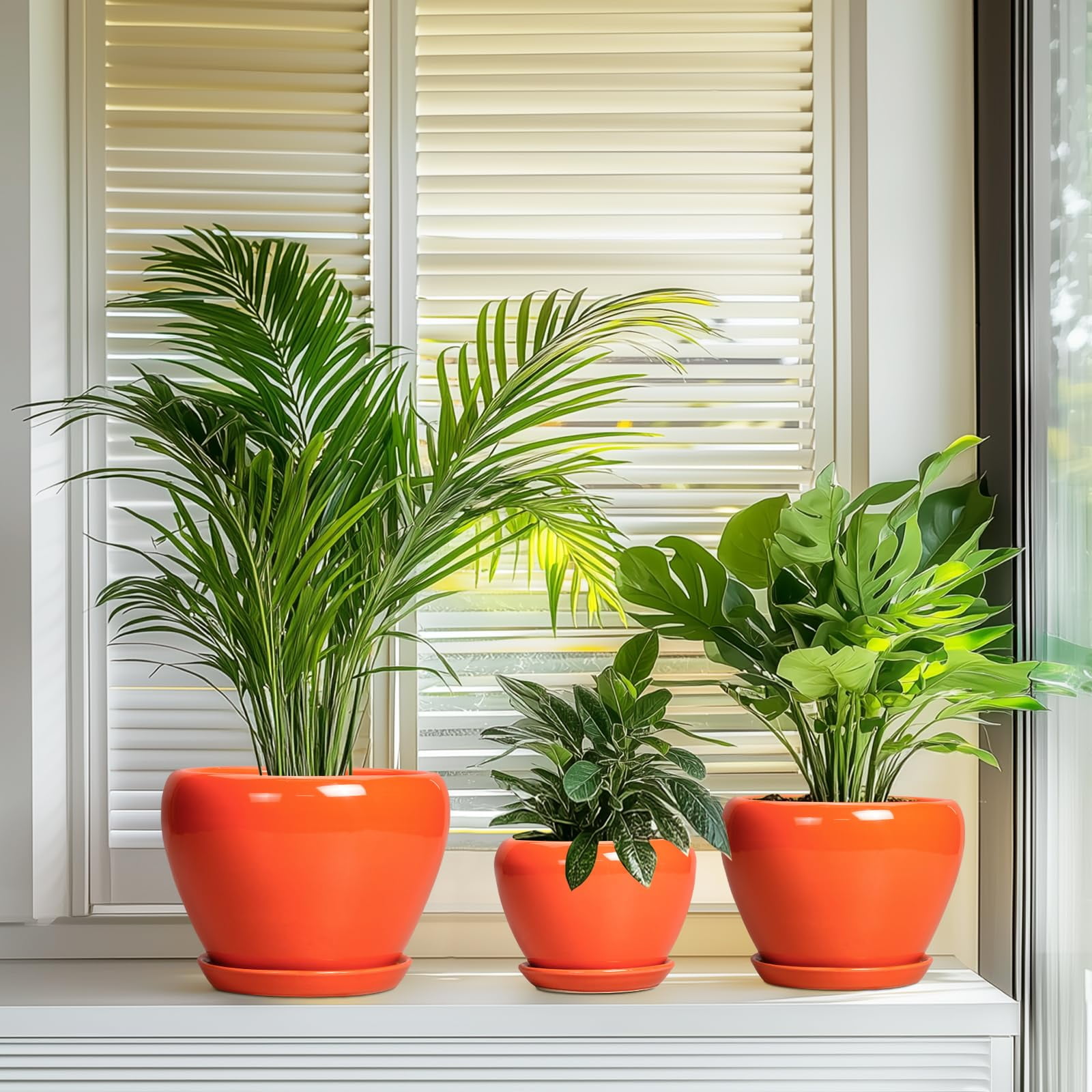 Ceramic Planter Pots Set of 3 with Drainage Hole & Saucer,10/8/6 inch Round Pots for Indoor Plants Flowers & Houseplants Patio & Outdoor Use Orange