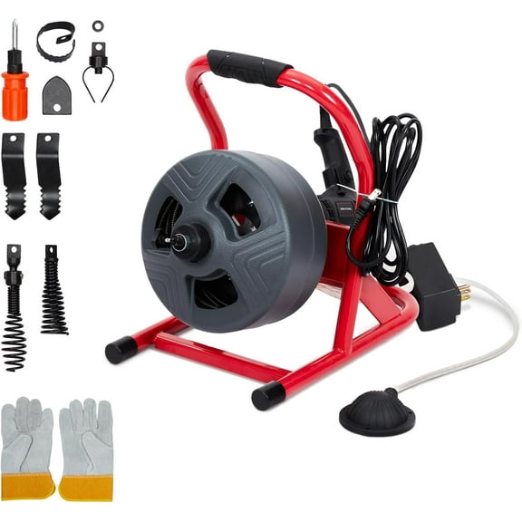 Riedhoff Drain Cleaner Machine 50' x 5/16", with 6 Cutters & Gloves, for 3/4 to 3" Pipes