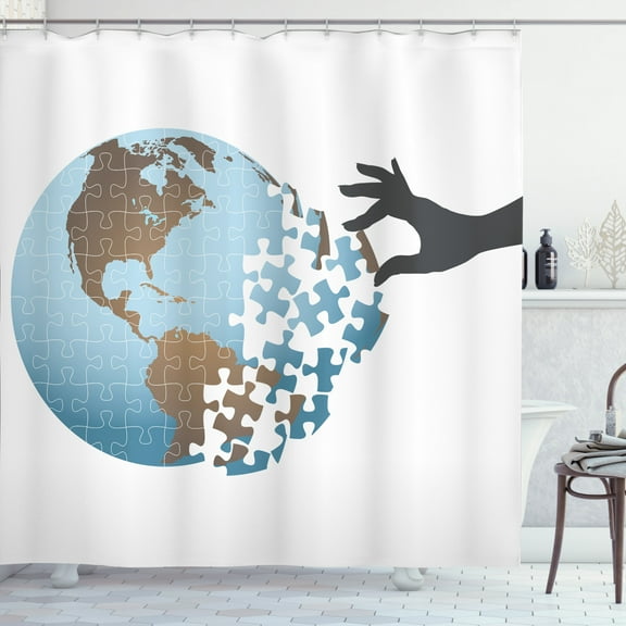 Puzzle Print Shower Curtain, Hand Silhouette Doing Jigsaw Globe on Plain Backdrop, Fabric Bathroom Set with Hooks, 69W X 84L Inches Extra Long, Grey Sky Blue, by Ambesonne