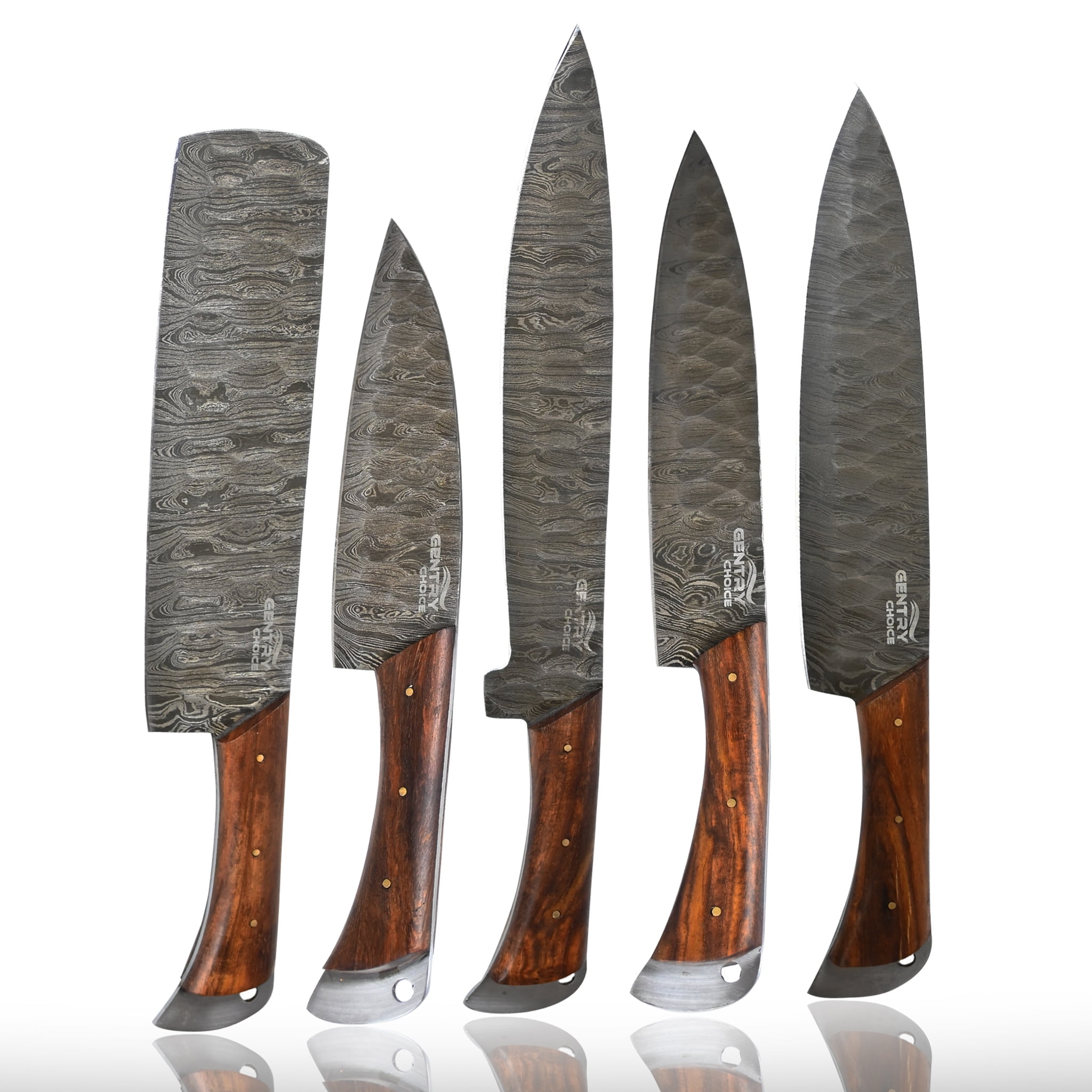 Damascus Chef Knife Set 5 Piece, Hand Forged High Carbon Steel Kitchen Knives, Full Tang with Rosewood Handles